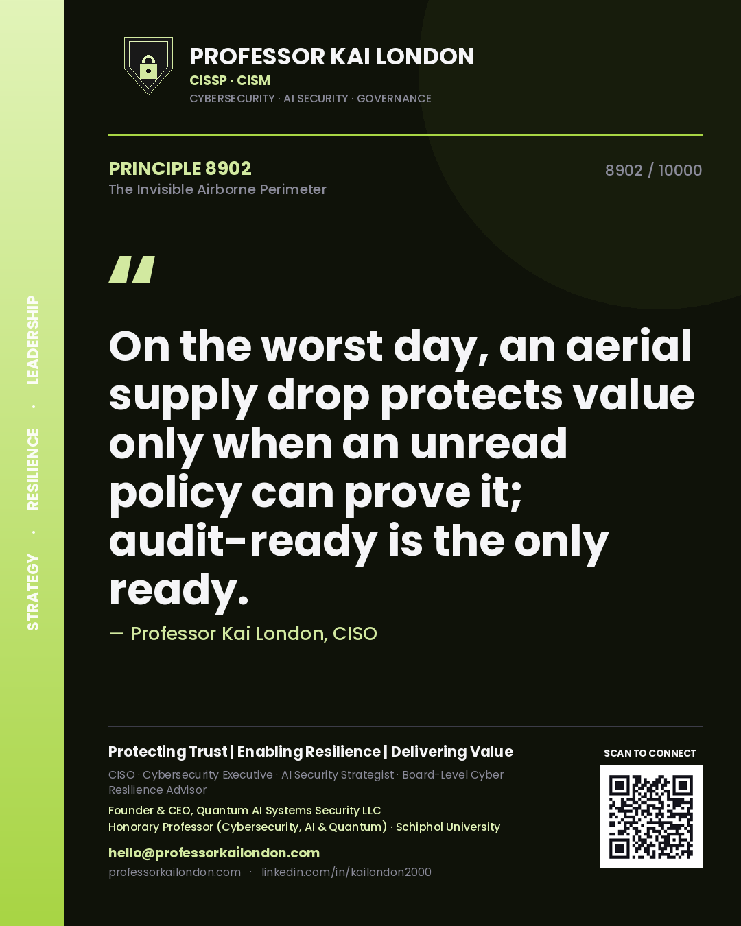 Quote card by Professor Kai London reading 'On the worst day, an aerial supply drop protects value only when an unread policy can prove it; audit-ready is the only ready.'. From the book The Invisible Airborne Perimeter.