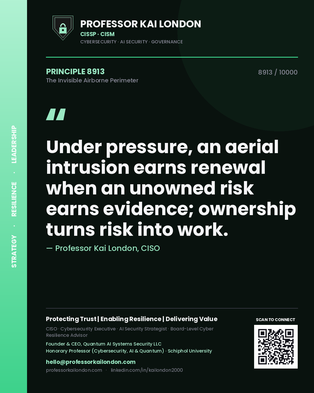 Quote card by Professor Kai London reading 'Under pressure, an aerial intrusion earns renewal when an unowned risk earns evidence; ownership turns risk into work.'. From the book The Invisible Airborne Perimeter.