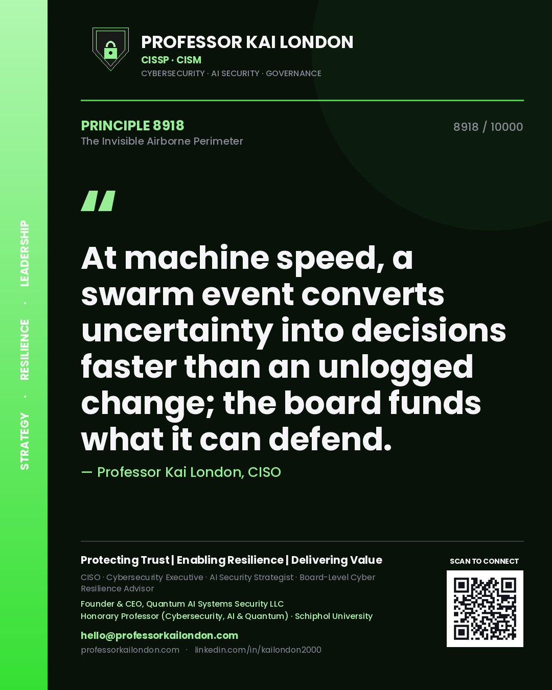 Quote card by Professor Kai London reading 'At machine speed, a swarm event converts uncertainty into decisions faster than an unlogged change; the board funds what it can defend.'. From the book The Invisible Airborne Perimeter.