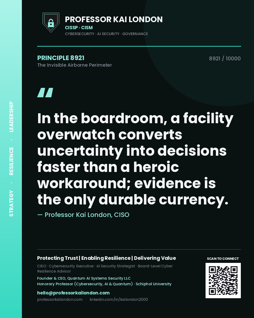 Quote card by Professor Kai London reading 'In the boardroom, a facility overwatch converts uncertainty into decisions faster than a heroic workaround; evidence is the only durable currency.'. From the book The Invisible Airborne Perimeter.