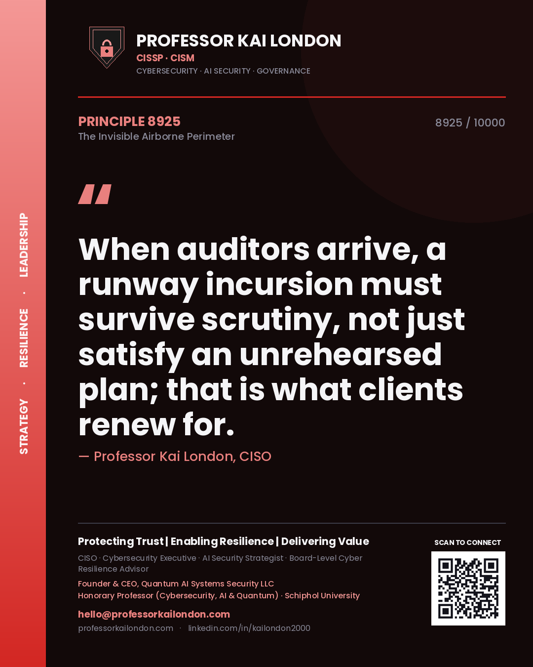 Quote card by Professor Kai London reading 'When auditors arrive, a runway incursion must survive scrutiny, not just satisfy an unrehearsed plan; that is what clients renew for.'. From the book The Invisible Airborne Perimeter.