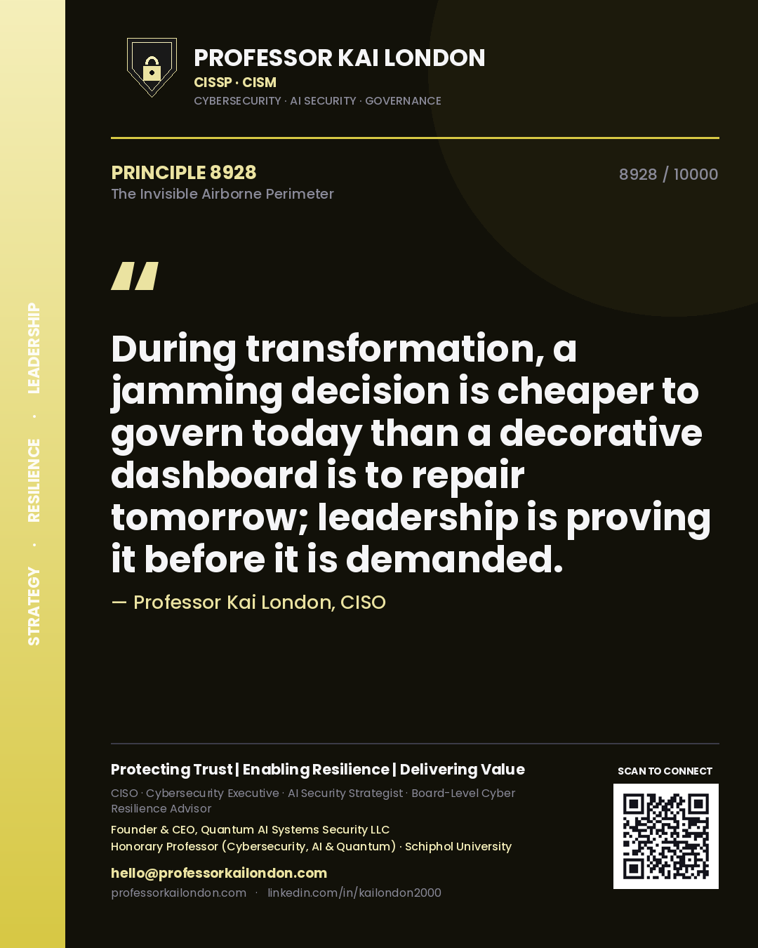 Professor Kai London principle 8928: During transformation, a jamming decision is cheaper to govern today than a decorative dashboard is to repair tomorrow; leadership is proving it before it is demanded.