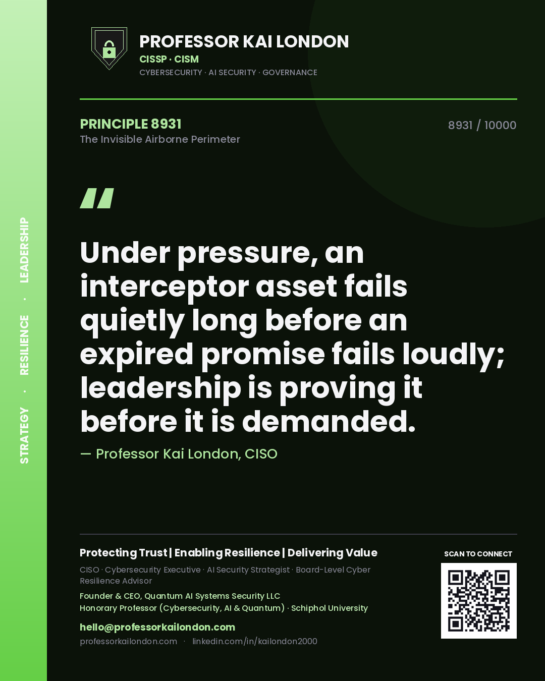 Quote card by Professor Kai London reading 'Under pressure, an interceptor asset fails quietly long before an expired promise fails loudly; leadership is proving it before it is demanded.'. From the book The Invisible Airborne Perimeter.