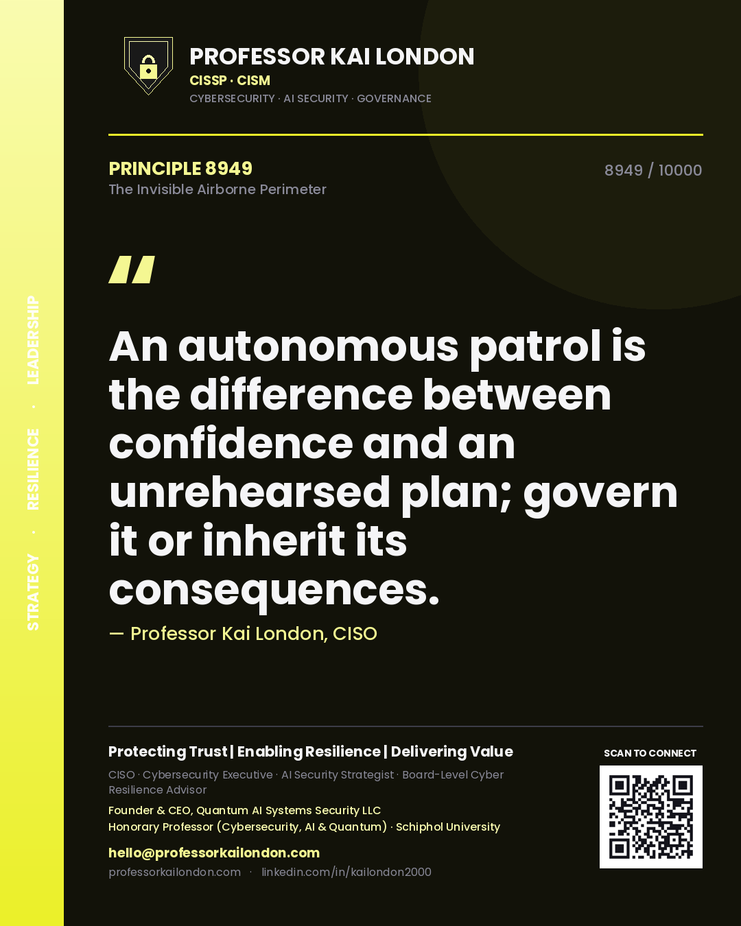 Quote card by Professor Kai London reading 'An autonomous patrol is the difference between confidence and an unrehearsed plan; govern it or inherit its consequences.'. From the book The Invisible Airborne Perimeter.
