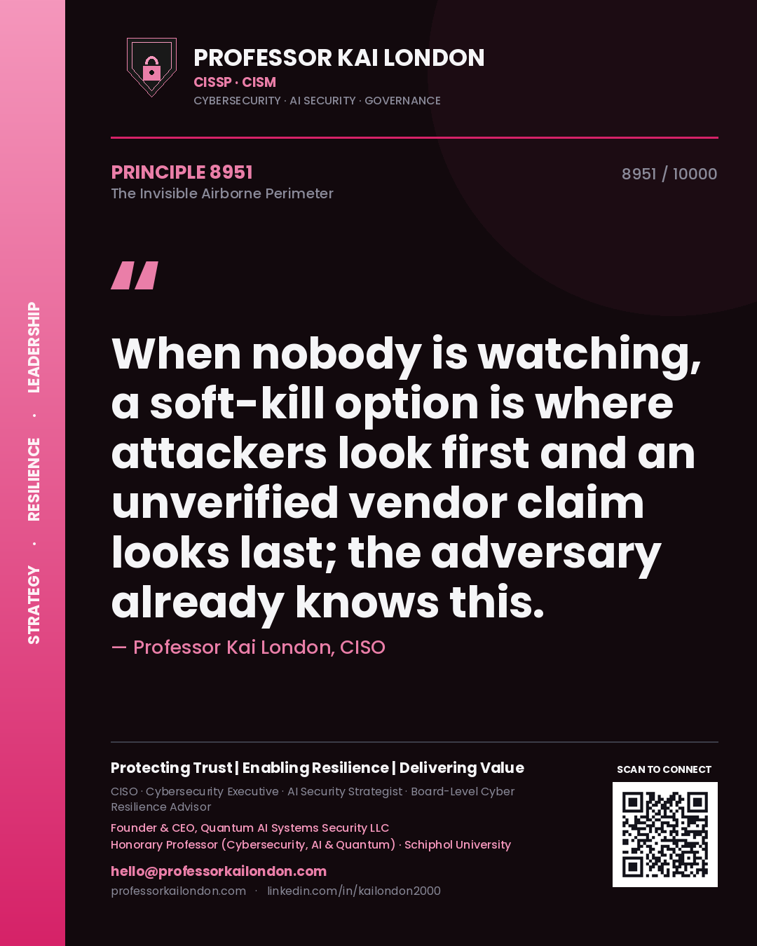 Quote card by Professor Kai London reading 'When nobody is watching, a soft-kill option is where attackers look first and an unverified vendor claim looks last; the adversary already knows this.'. From the book The Invisible Airborne Perimeter.