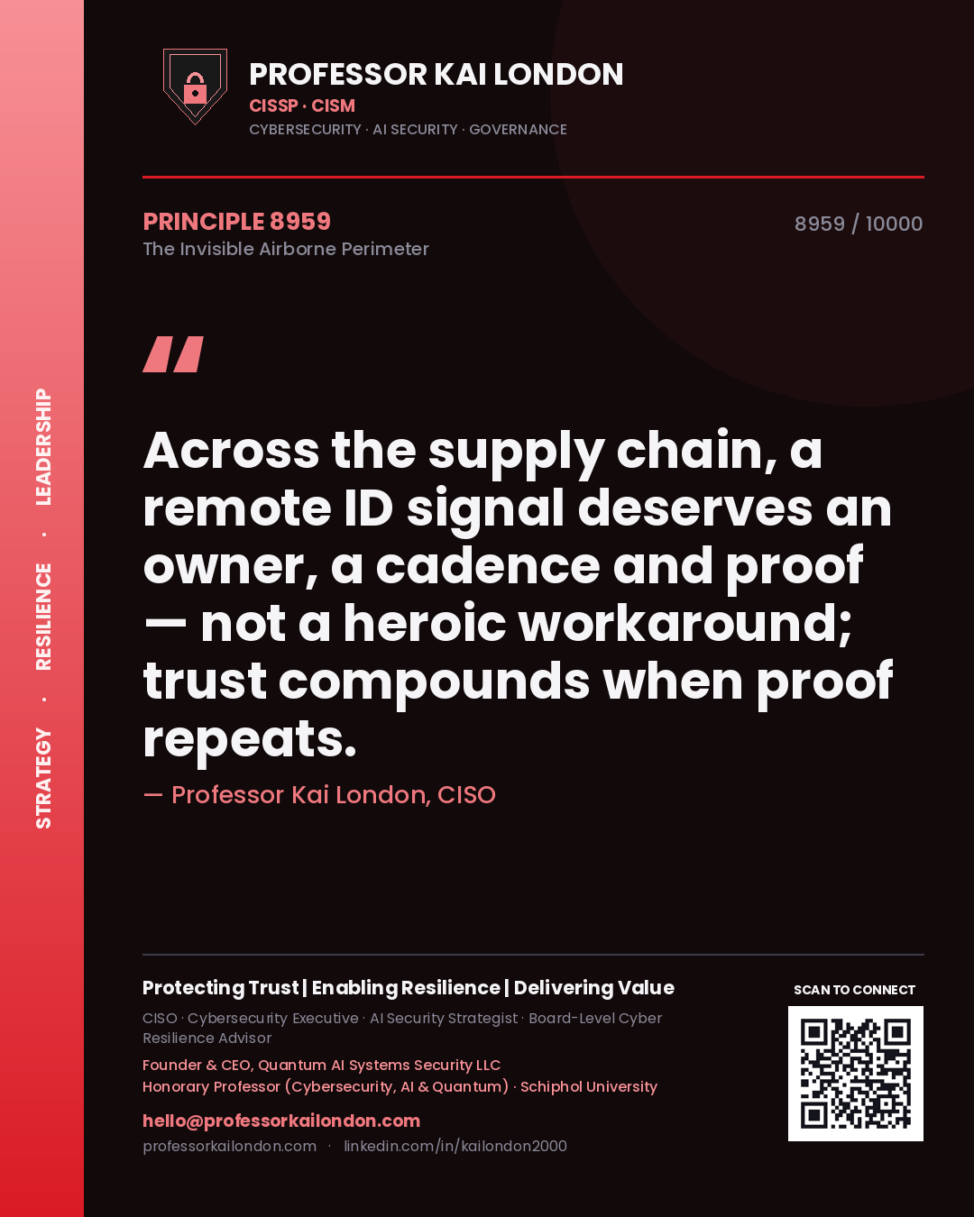 Quote card by Professor Kai London reading 'Across the supply chain, a remote ID signal deserves an owner, a cadence and proof — not a heroic workaround; trust compounds when proof repeats.'. From the book The Invisible Airborne Perimeter.