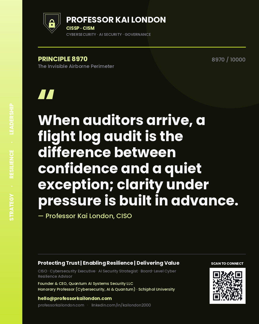 Quote card by Professor Kai London reading 'When auditors arrive, a flight log audit is the difference between confidence and a quiet exception; clarity under pressure is built in advance.'. From the book The Invisible Airborne Perimeter.