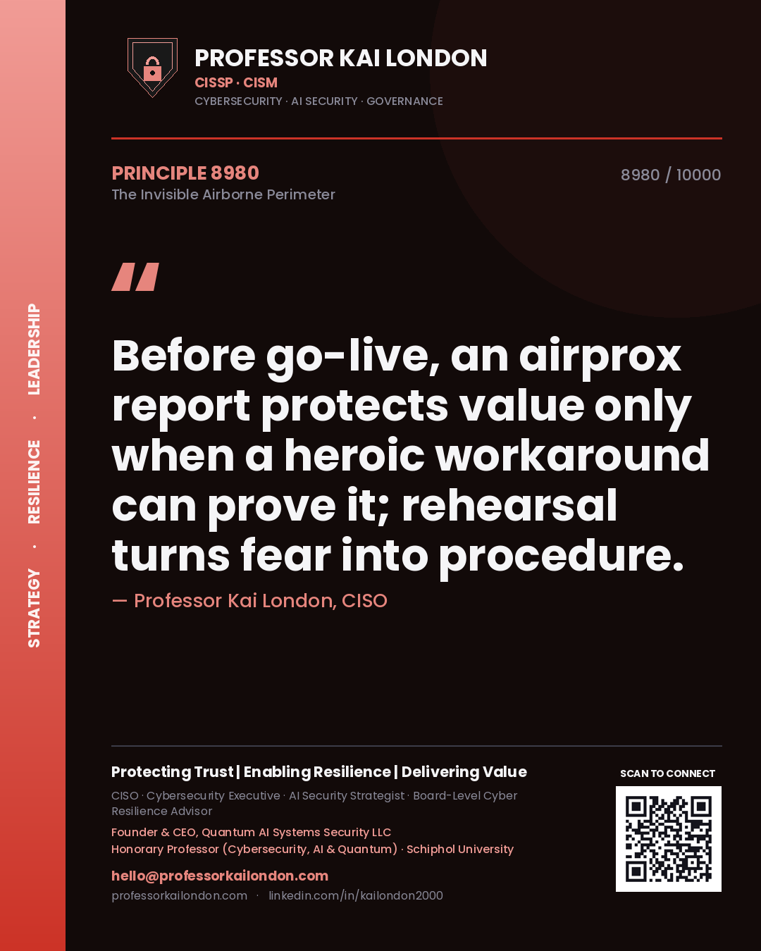 Quote card by Professor Kai London reading 'Before go-live, an airprox report protects value only when a heroic workaround can prove it; rehearsal turns fear into procedure.'. From the book The Invisible Airborne Perimeter.