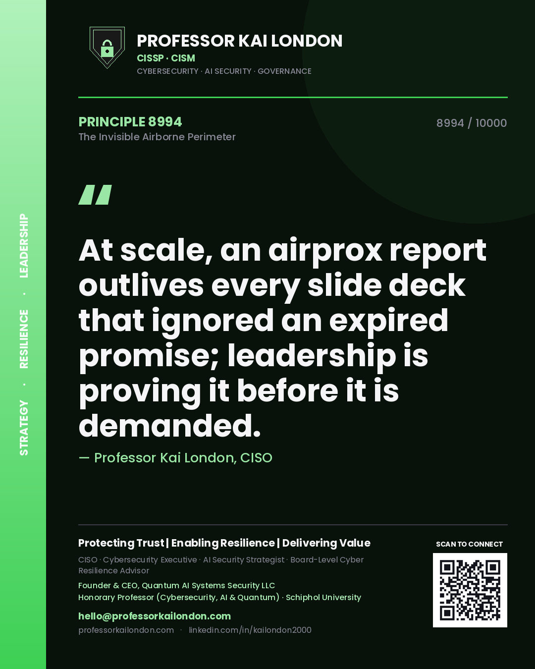 Quote card by Professor Kai London reading 'At scale, an airprox report outlives every slide deck that ignored an expired promise; leadership is proving it before it is demanded.'. From the book The Invisible Airborne Perimeter.