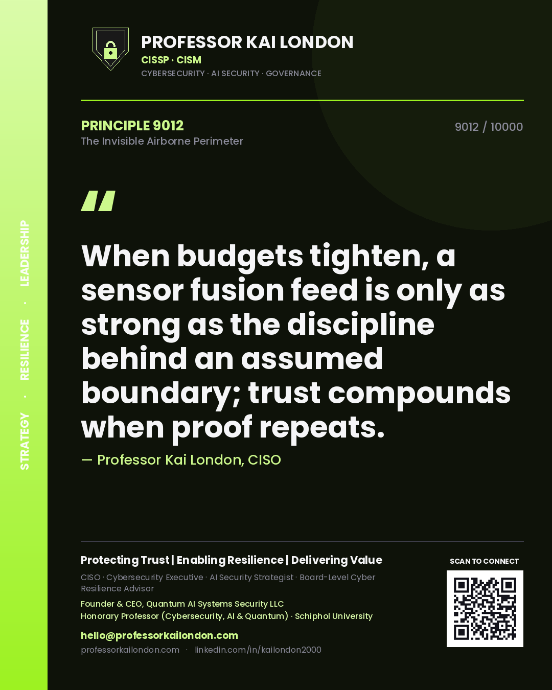 Quote card by Professor Kai London reading 'When budgets tighten, a sensor fusion feed is only as strong as the discipline behind an assumed boundary; trust compounds when proof repeats.'. From the book The Invisible Airborne Perimeter.