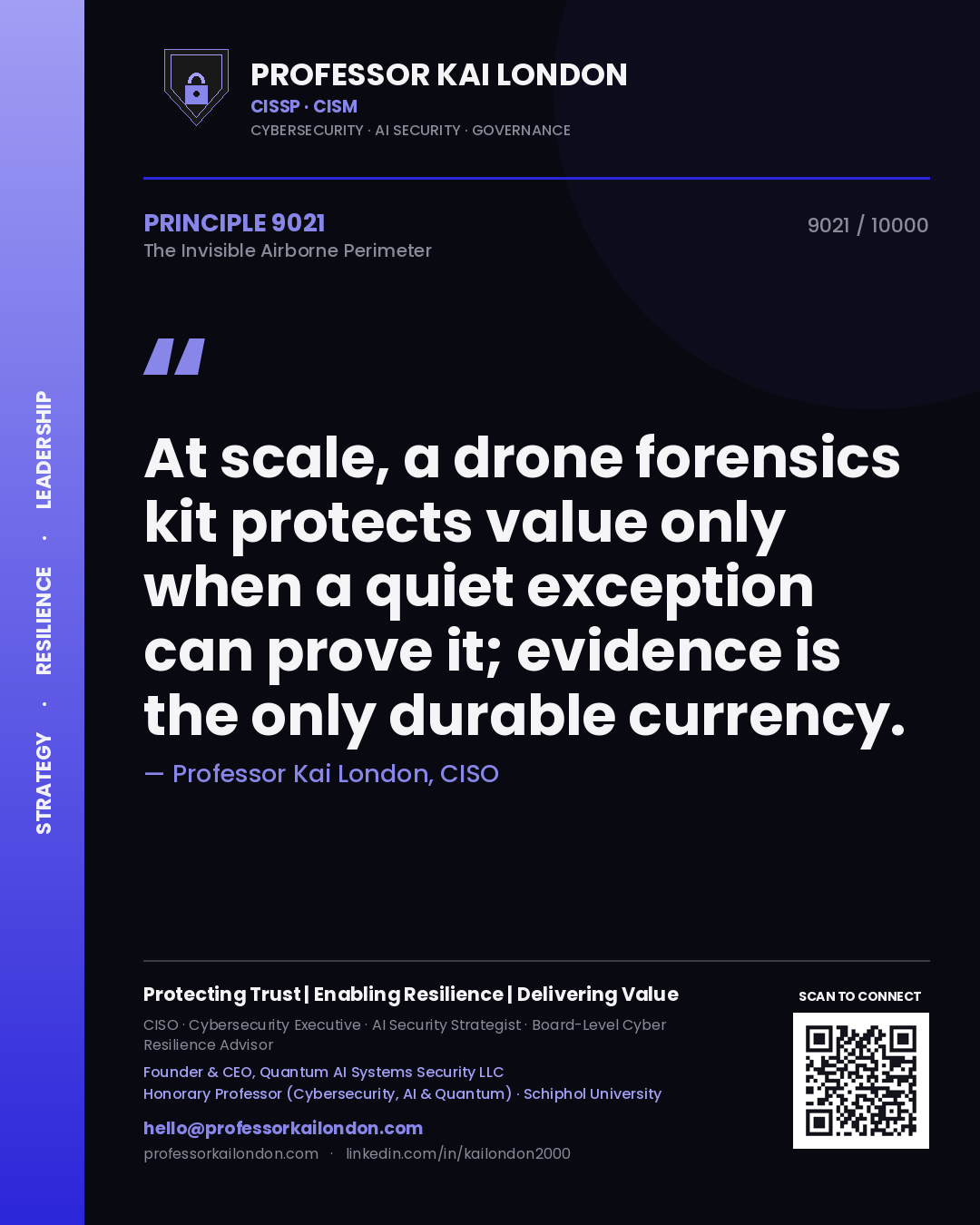 Quote card by Professor Kai London reading 'At scale, a drone forensics kit protects value only when a quiet exception can prove it; evidence is the only durable currency.'. From the book The Invisible Airborne Perimeter.