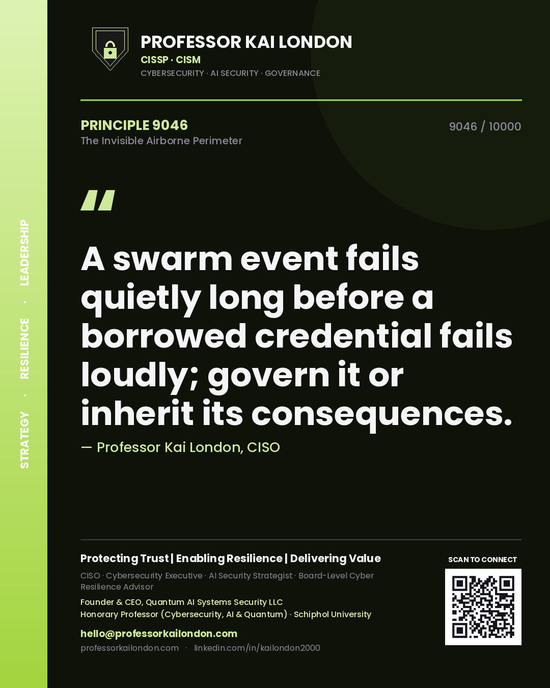 Quote card by Professor Kai London reading 'A swarm event fails quietly long before a borrowed credential fails loudly; govern it or inherit its consequences.'. From the book The Invisible Airborne Perimeter.