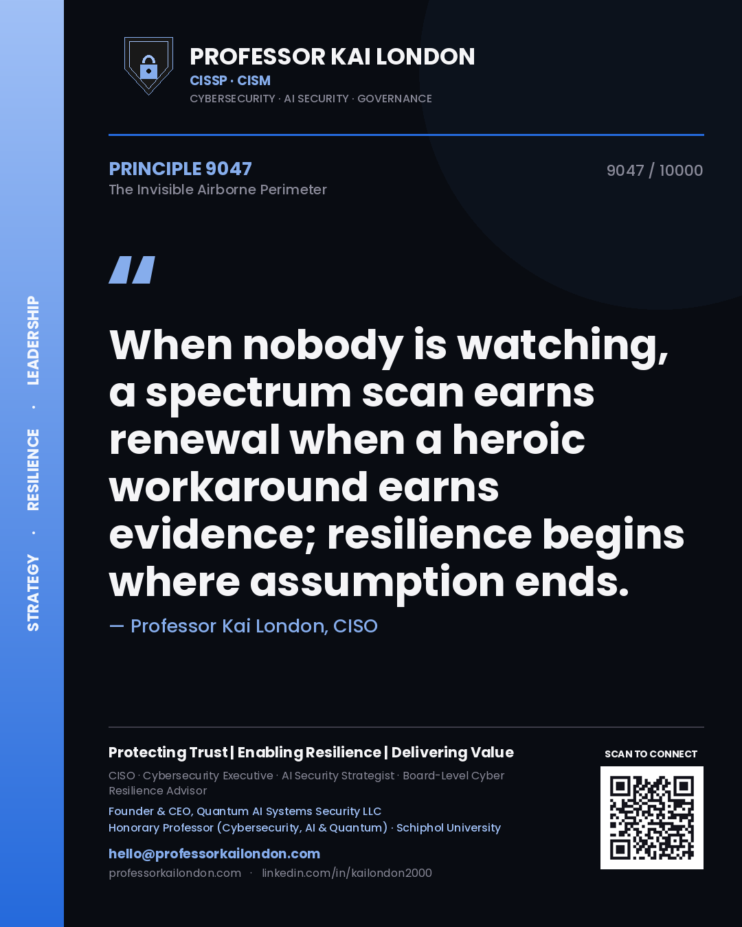 Quote card by Professor Kai London reading 'When nobody is watching, a spectrum scan earns renewal when a heroic workaround earns evidence; resilience begins where assumption ends.'. From the book The Invisible Airborne Perimeter.