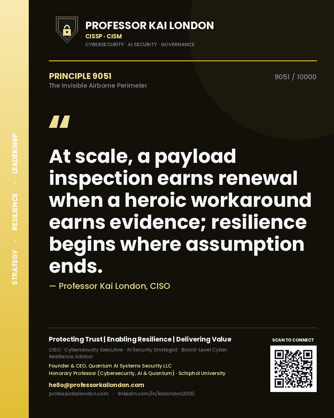 Quote card by Professor Kai London reading 'At scale, a payload inspection earns renewal when a heroic workaround earns evidence; resilience begins where assumption ends.'. From the book The Invisible Airborne Perimeter.