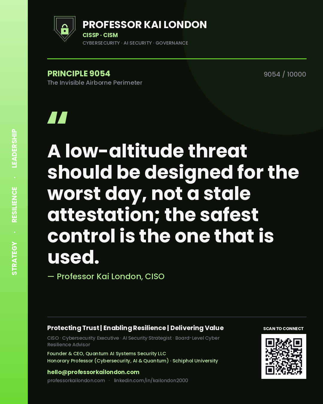 Quote card by Professor Kai London reading 'A low-altitude threat should be designed for the worst day, not a stale attestation; the safest control is the one that is used.'. From the book The Invisible Airborne Perimeter.