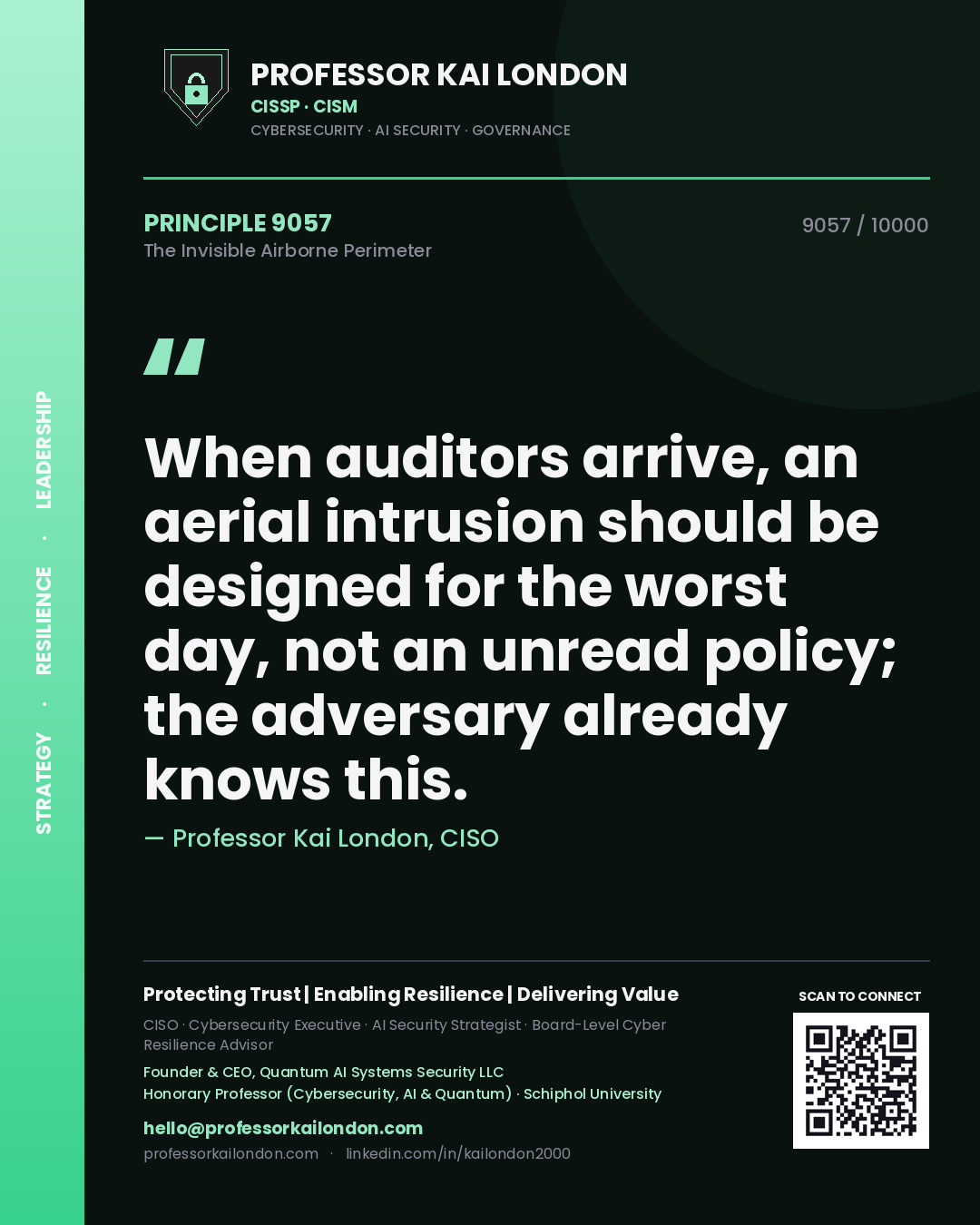 Quote card by Professor Kai London reading 'When auditors arrive, an aerial intrusion should be designed for the worst day, not an unread policy; the adversary already knows this.'. From the book The Invisible Airborne Perimeter.