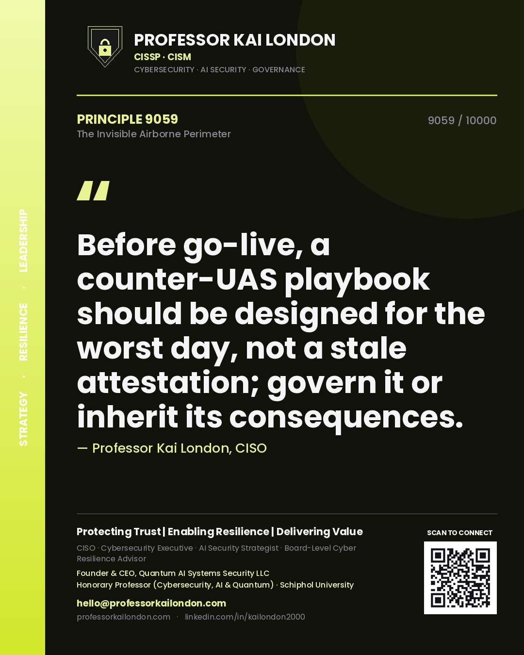 Quote card by Professor Kai London reading 'Before go-live, a counter-UAS playbook should be designed for the worst day, not a stale attestation; govern it or inherit its consequences.'. From the book The Invisible Airborne Perimeter.