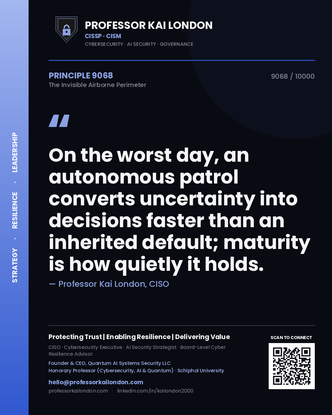 Quote card by Professor Kai London reading 'On the worst day, an autonomous patrol converts uncertainty into decisions faster than an inherited default; maturity is how quietly it holds.'. From the book The Invisible Airborne Perimeter.