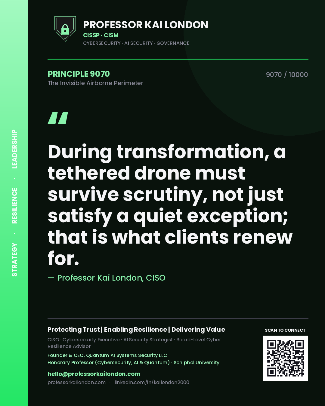 Quote card by Professor Kai London reading 'During transformation, a tethered drone must survive scrutiny, not just satisfy a quiet exception; that is what clients renew for.'. From the book The Invisible Airborne Perimeter.