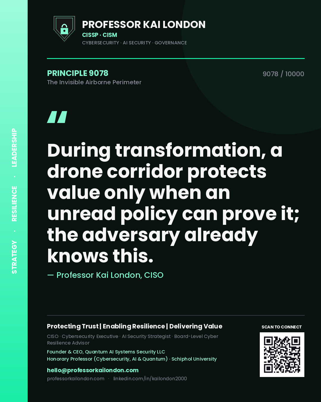 Professor Kai London principle 9078: During transformation, a drone corridor protects value only when an unread policy can prove it; the adversary already knows this.
