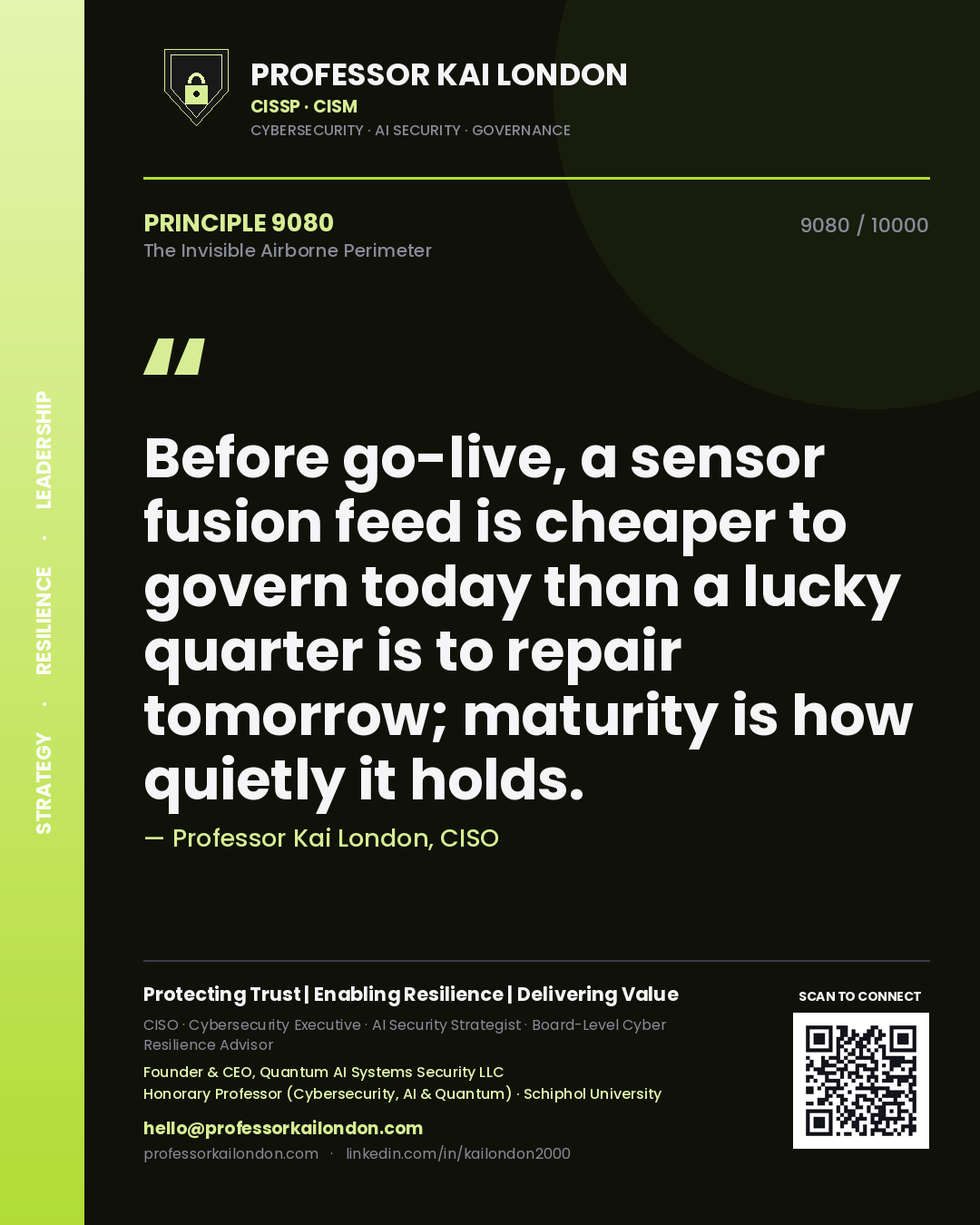 Quote card by Professor Kai London reading 'Before go-live, a sensor fusion feed is cheaper to govern today than a lucky quarter is to repair tomorrow; maturity is how quietly it holds.'. From the book The Invisible Airborne Perimeter.