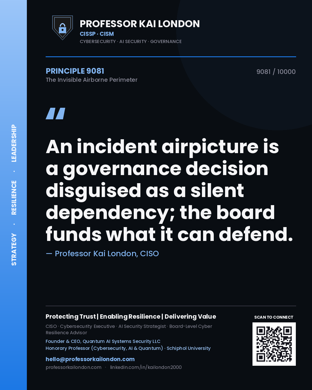 Quote card by Professor Kai London reading 'An incident airpicture is a governance decision disguised as a silent dependency; the board funds what it can defend.'. From the book The Invisible Airborne Perimeter.