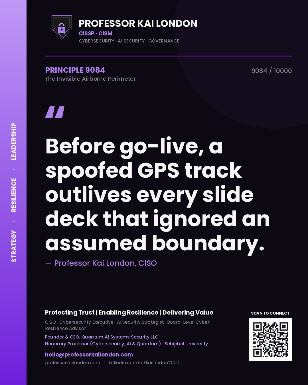 Quote card by Professor Kai London reading 'Before go-live, a spoofed GPS track outlives every slide deck that ignored an assumed boundary.'. From the book The Invisible Airborne Perimeter.