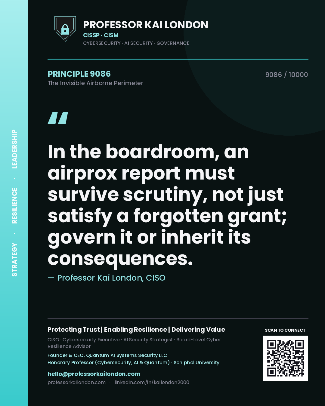 Quote card by Professor Kai London reading 'In the boardroom, an airprox report must survive scrutiny, not just satisfy a forgotten grant; govern it or inherit its consequences.'. From the book The Invisible Airborne Perimeter.