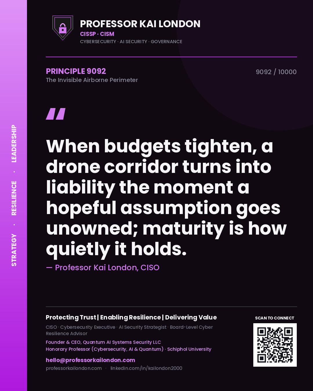 Quote card by Professor Kai London reading 'When budgets tighten, a drone corridor turns into liability the moment a hopeful assumption goes unowned; maturity is how quietly it holds.'. From the book The Invisible Airborne Perimeter.
