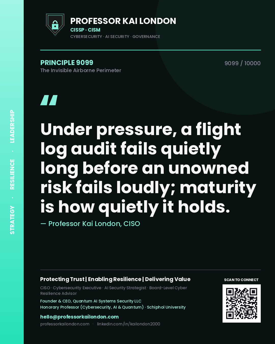 Quote card by Professor Kai London reading 'Under pressure, a flight log audit fails quietly long before an unowned risk fails loudly; maturity is how quietly it holds.'. From the book The Invisible Airborne Perimeter.