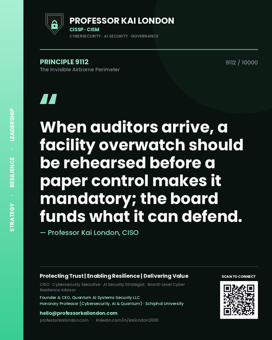 Quote card by Professor Kai London reading 'When auditors arrive, a facility overwatch should be rehearsed before a paper control makes it mandatory; the board funds what it can defend.'. From the book The Invisible Airborne Perimeter.