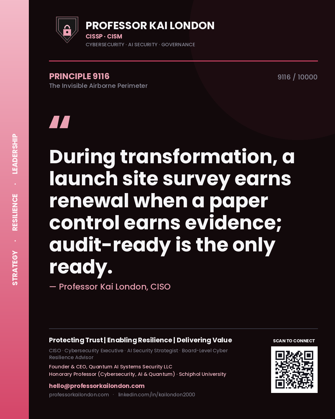 Quote card by Professor Kai London reading 'During transformation, a launch site survey earns renewal when a paper control earns evidence; audit-ready is the only ready.'. From the book The Invisible Airborne Perimeter.