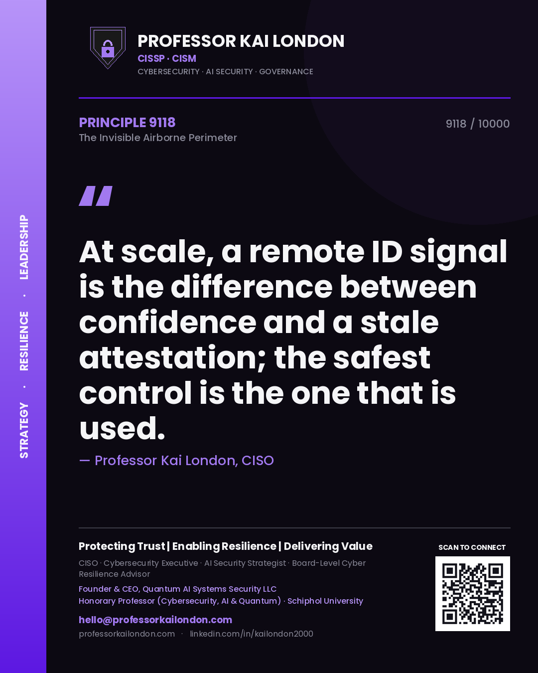 Quote card by Professor Kai London reading 'At scale, a remote ID signal is the difference between confidence and a stale attestation; the safest control is the one that is used.'. From the book The Invisible Airborne Perimeter.