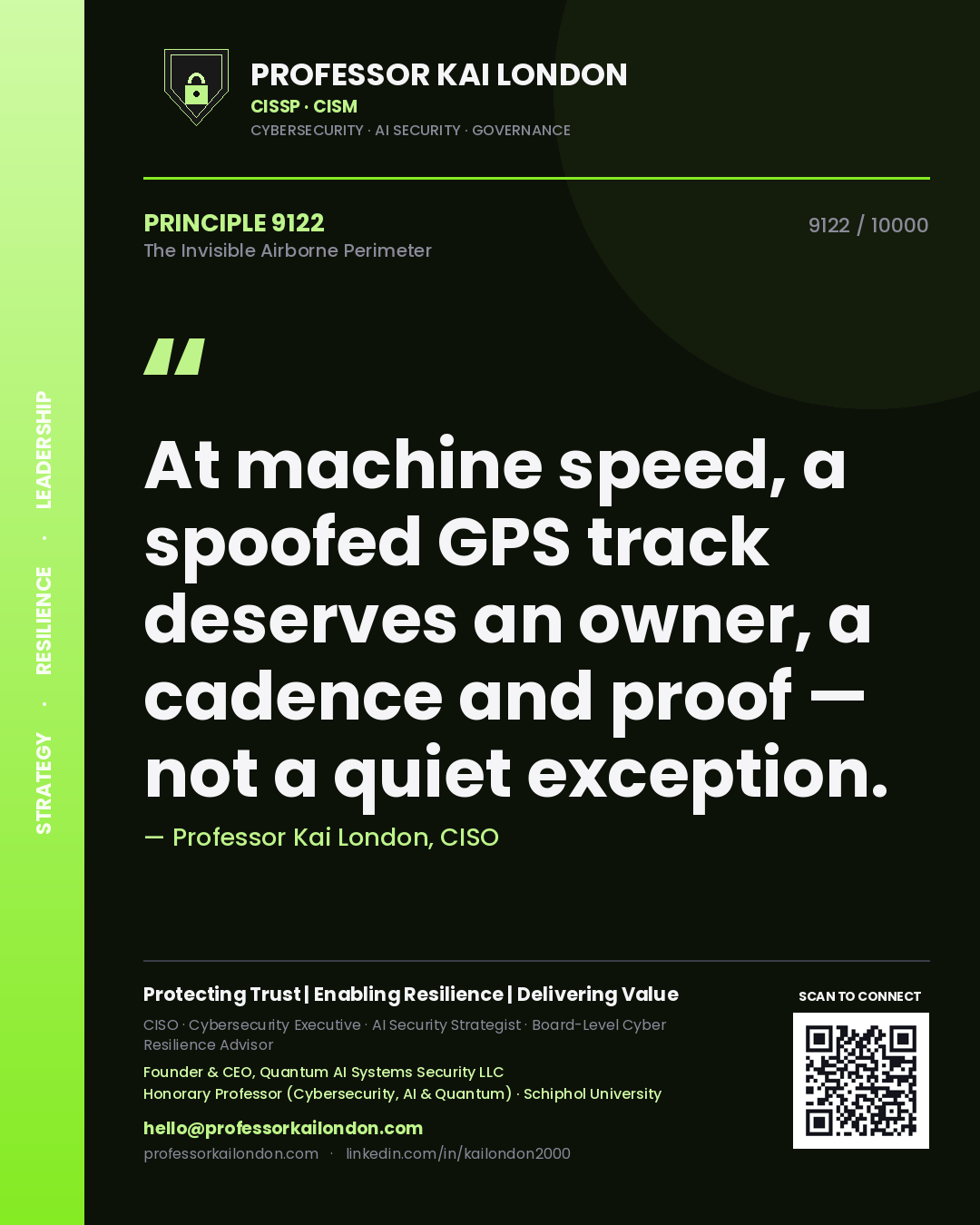 Professor Kai London principle 9122: At machine speed, a spoofed GPS track deserves an owner, a cadence and proof — not a quiet exception.