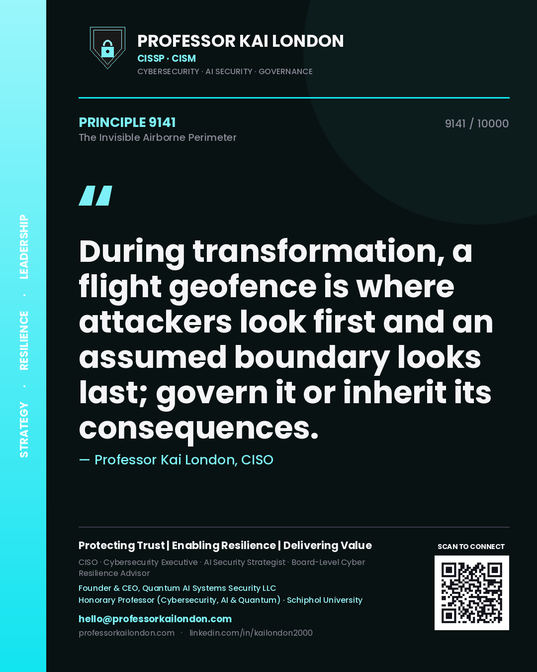 Quote card by Professor Kai London reading 'During transformation, a flight geofence is where attackers look first and an assumed boundary looks last; govern it or inherit its consequences.'. From the book The Invisible Airborne Perimeter.