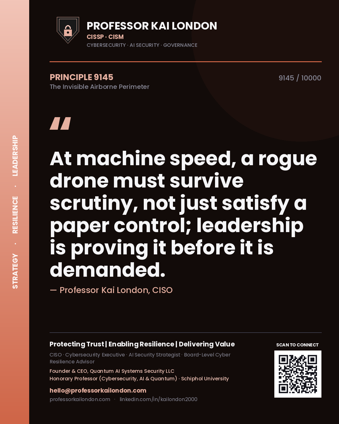 Quote card by Professor Kai London reading 'At machine speed, a rogue drone must survive scrutiny, not just satisfy a paper control; leadership is proving it before it is demanded.'. From the book The Invisible Airborne Perimeter.