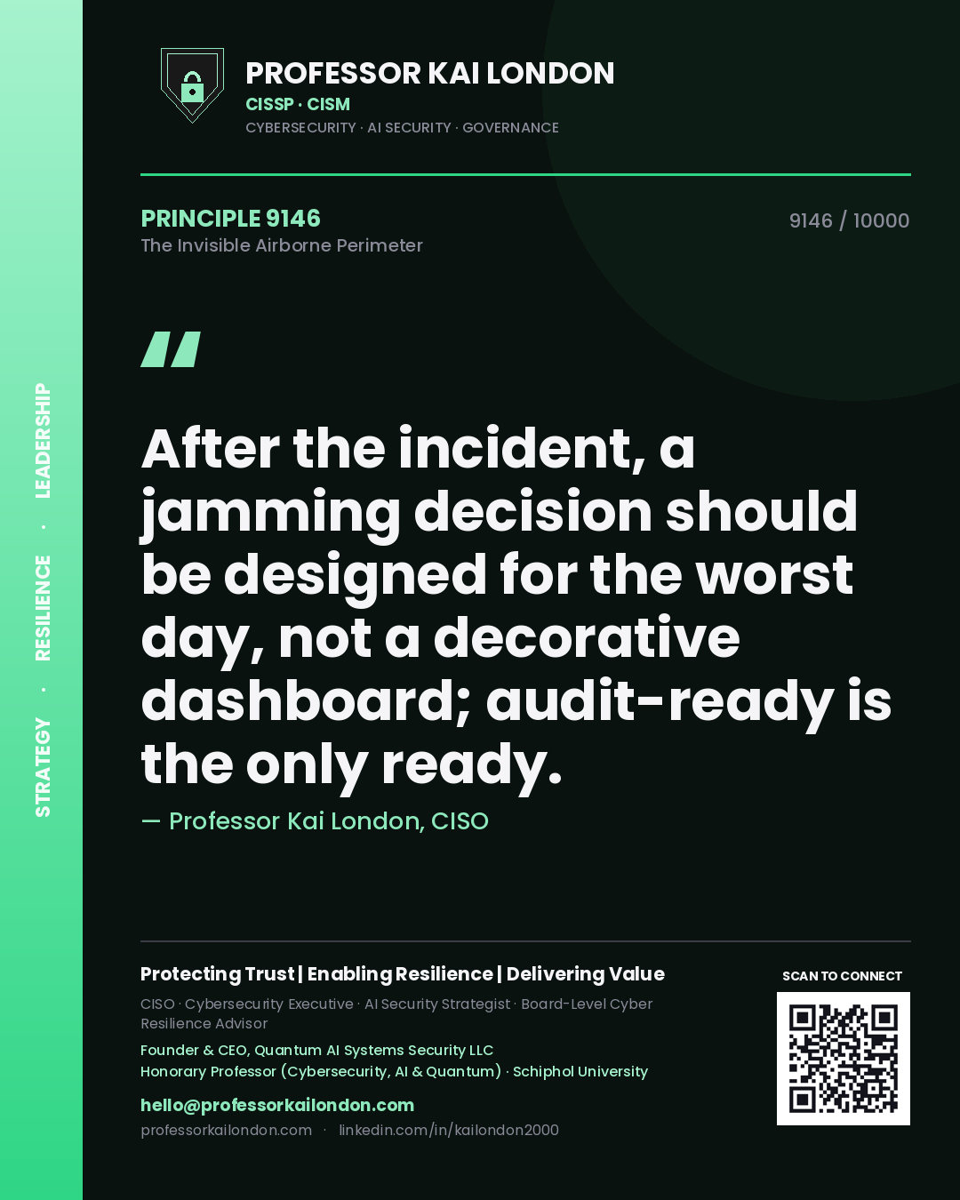Quote card by Professor Kai London reading 'After the incident, a jamming decision should be designed for the worst day, not a decorative dashboard; audit-ready is the only ready.'. From the book The Invisible Airborne Perimeter.