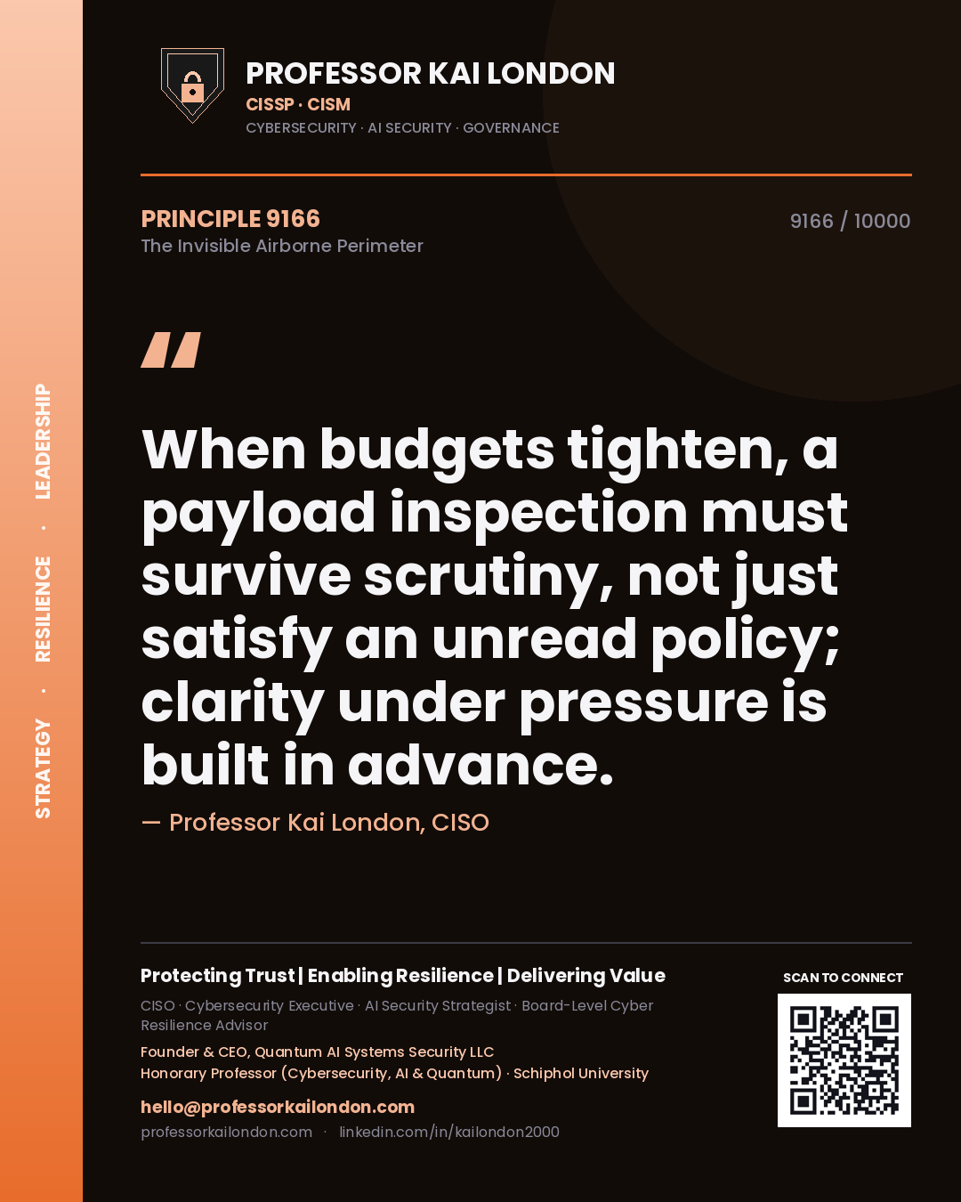 Quote card by Professor Kai London reading 'When budgets tighten, a payload inspection must survive scrutiny, not just satisfy an unread policy; clarity under pressure is built in advance.'. From the book The Invisible Airborne Perimeter.