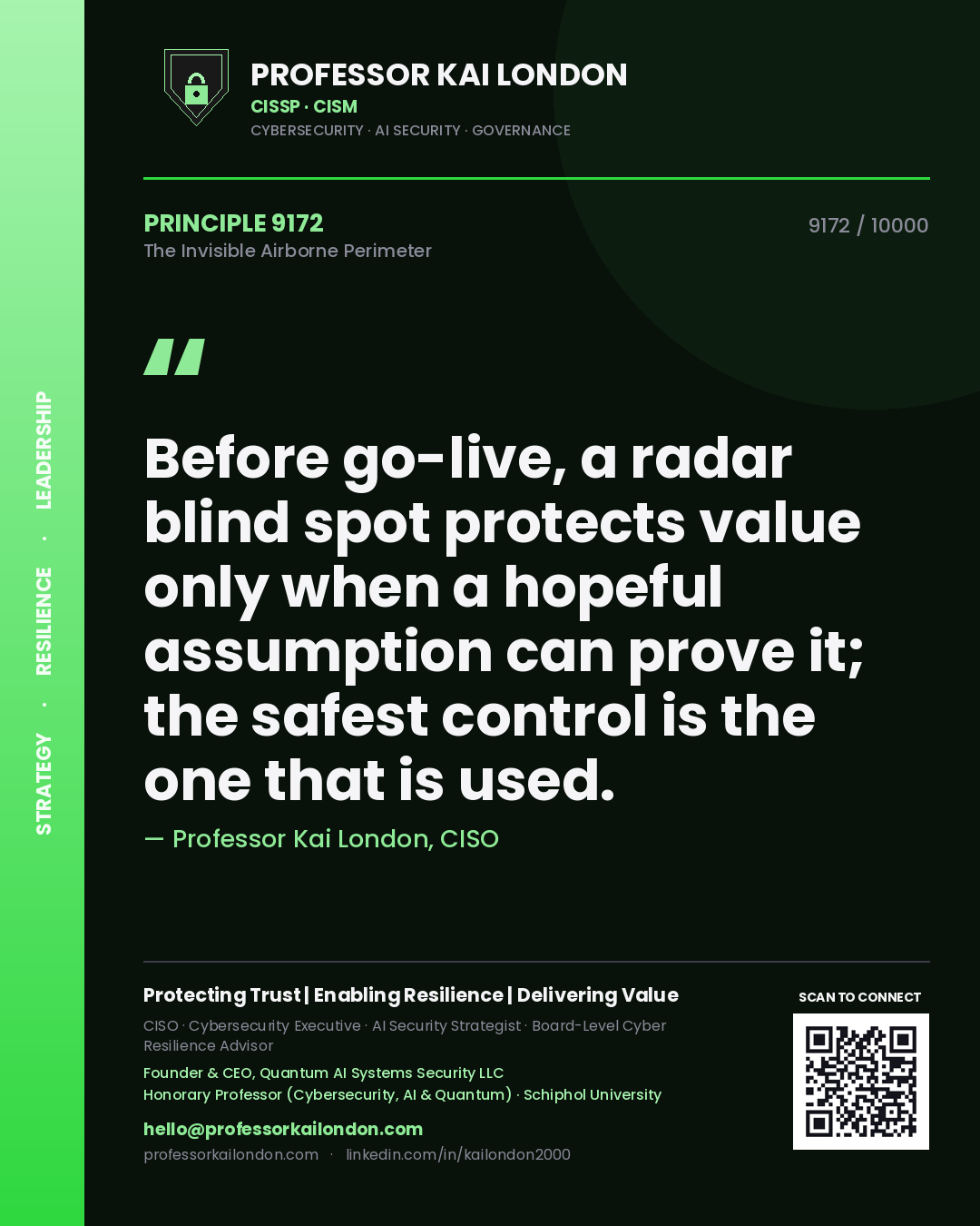 Quote card by Professor Kai London reading 'Before go-live, a radar blind spot protects value only when a hopeful assumption can prove it; the safest control is the one that is used.'. From the book The Invisible Airborne Perimeter.