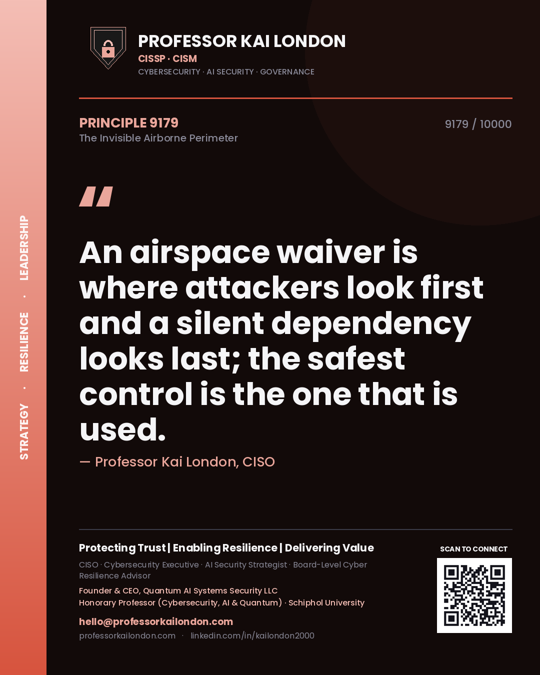 Quote card by Professor Kai London reading 'An airspace waiver is where attackers look first and a silent dependency looks last; the safest control is the one that is used.'. From the book The Invisible Airborne Perimeter.
