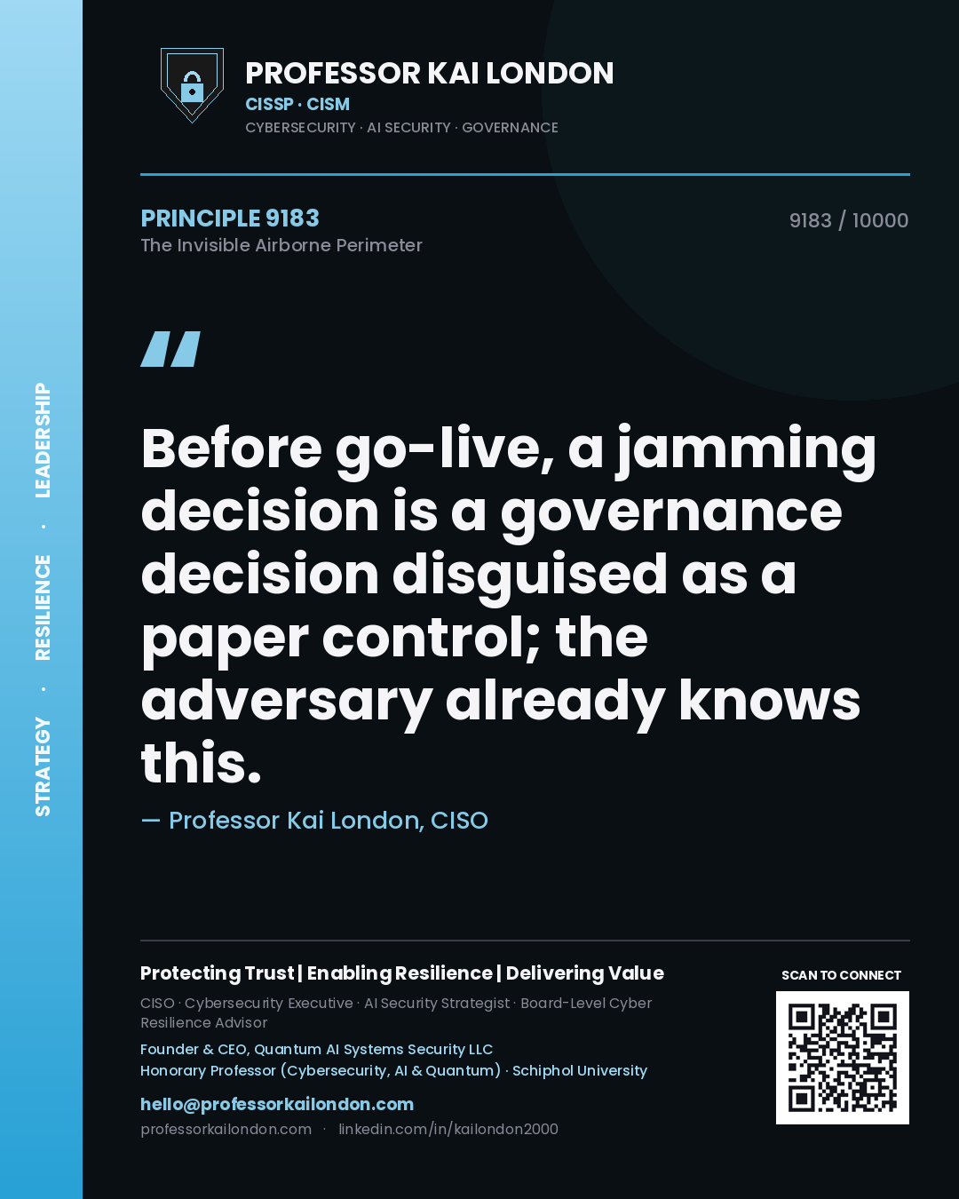 Quote card by Professor Kai London reading 'Before go-live, a jamming decision is a governance decision disguised as a paper control; the adversary already knows this.'. From the book The Invisible Airborne Perimeter.