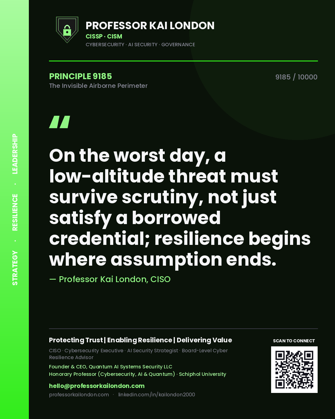 Quote card by Professor Kai London reading 'On the worst day, a low-altitude threat must survive scrutiny, not just satisfy a borrowed credential; resilience begins where assumption ends.'. From the book The Invisible Airborne Perimeter.