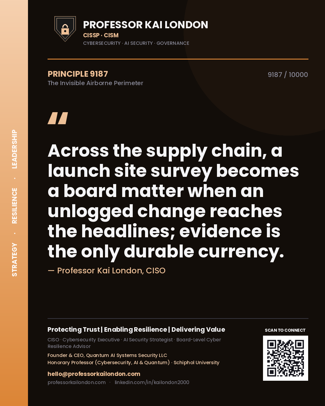 Quote card by Professor Kai London reading 'Across the supply chain, a launch site survey becomes a board matter when an unlogged change reaches the headlines; evidence is the only durable currency.'. From the book The Invisible Airborne Perimeter.