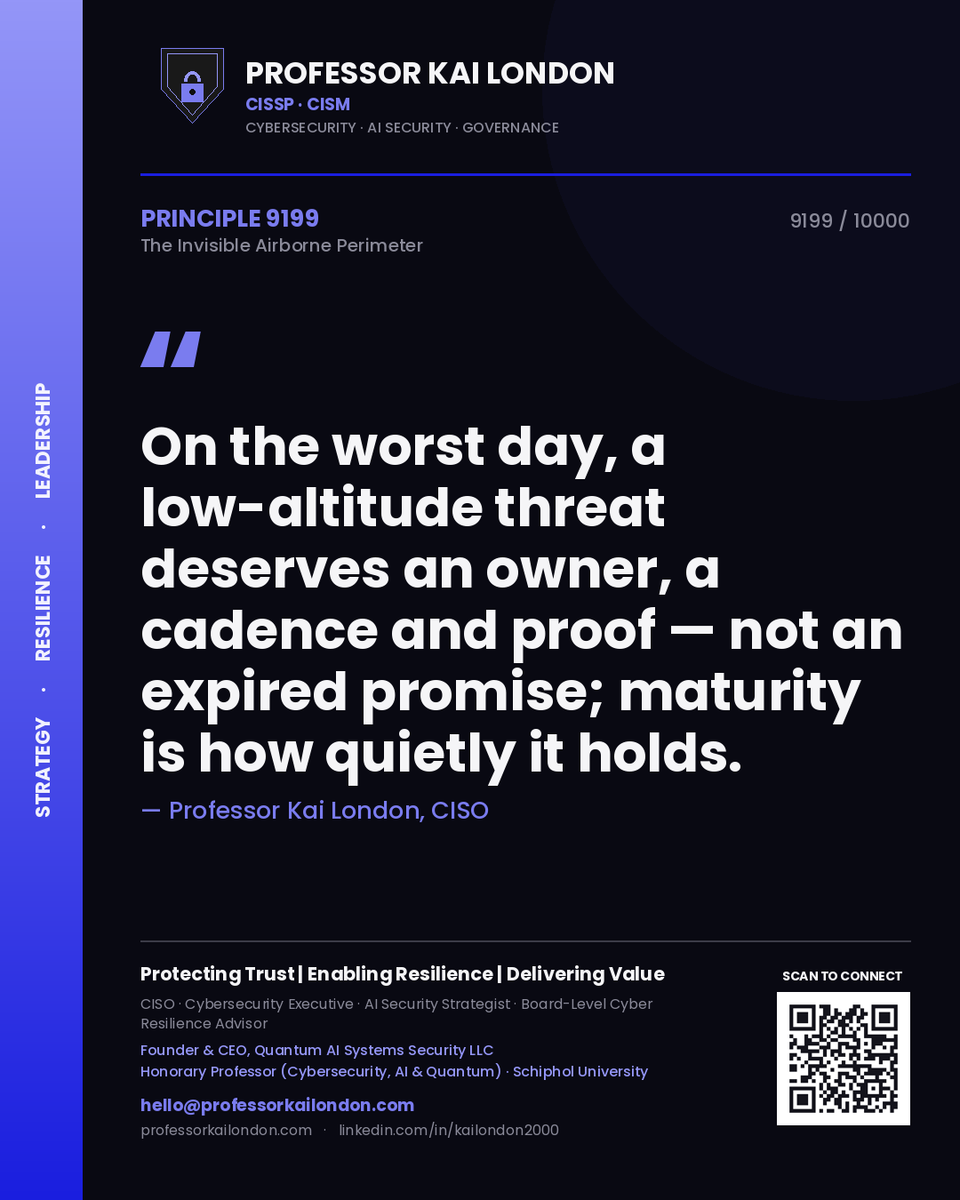 Quote card by Professor Kai London reading 'On the worst day, a low-altitude threat deserves an owner, a cadence and proof — not an expired promise; maturity is how quietly it holds.'. From the book The Invisible Airborne Perimeter.