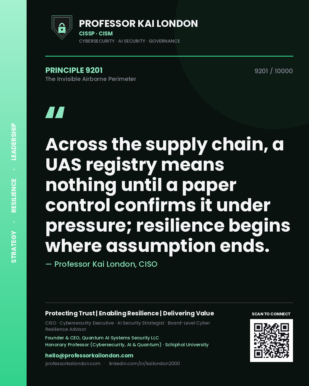 Quote card by Professor Kai London reading 'Across the supply chain, a UAS registry means nothing until a paper control confirms it under pressure; resilience begins where assumption ends.'. From the book The Invisible Airborne Perimeter.