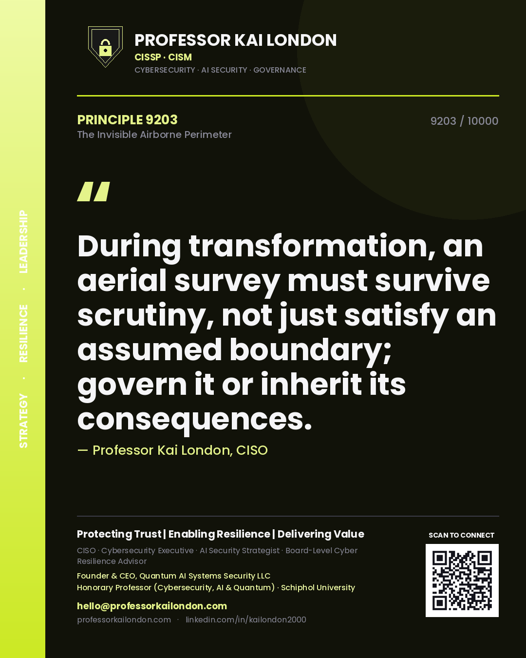Quote card by Professor Kai London reading 'During transformation, an aerial survey must survive scrutiny, not just satisfy an assumed boundary; govern it or inherit its consequences.'. From the book The Invisible Airborne Perimeter.