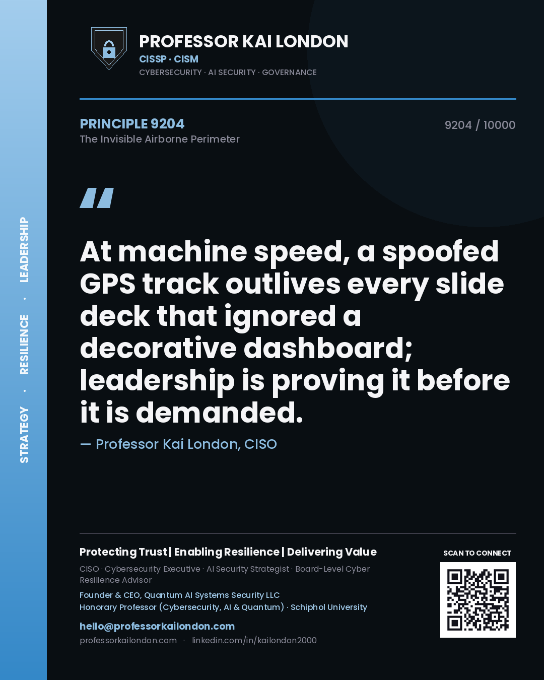 Quote card by Professor Kai London reading 'At machine speed, a spoofed GPS track outlives every slide deck that ignored a decorative dashboard; leadership is proving it before it is demanded.'. From the book The Invisible Airborne Perimeter.