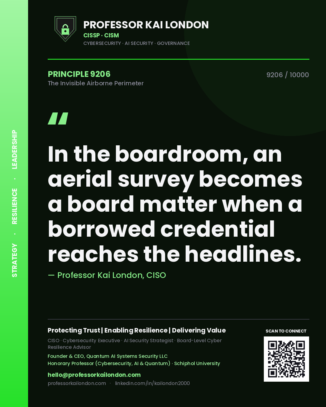 Quote card by Professor Kai London reading 'In the boardroom, an aerial survey becomes a board matter when a borrowed credential reaches the headlines.'. From the book The Invisible Airborne Perimeter.