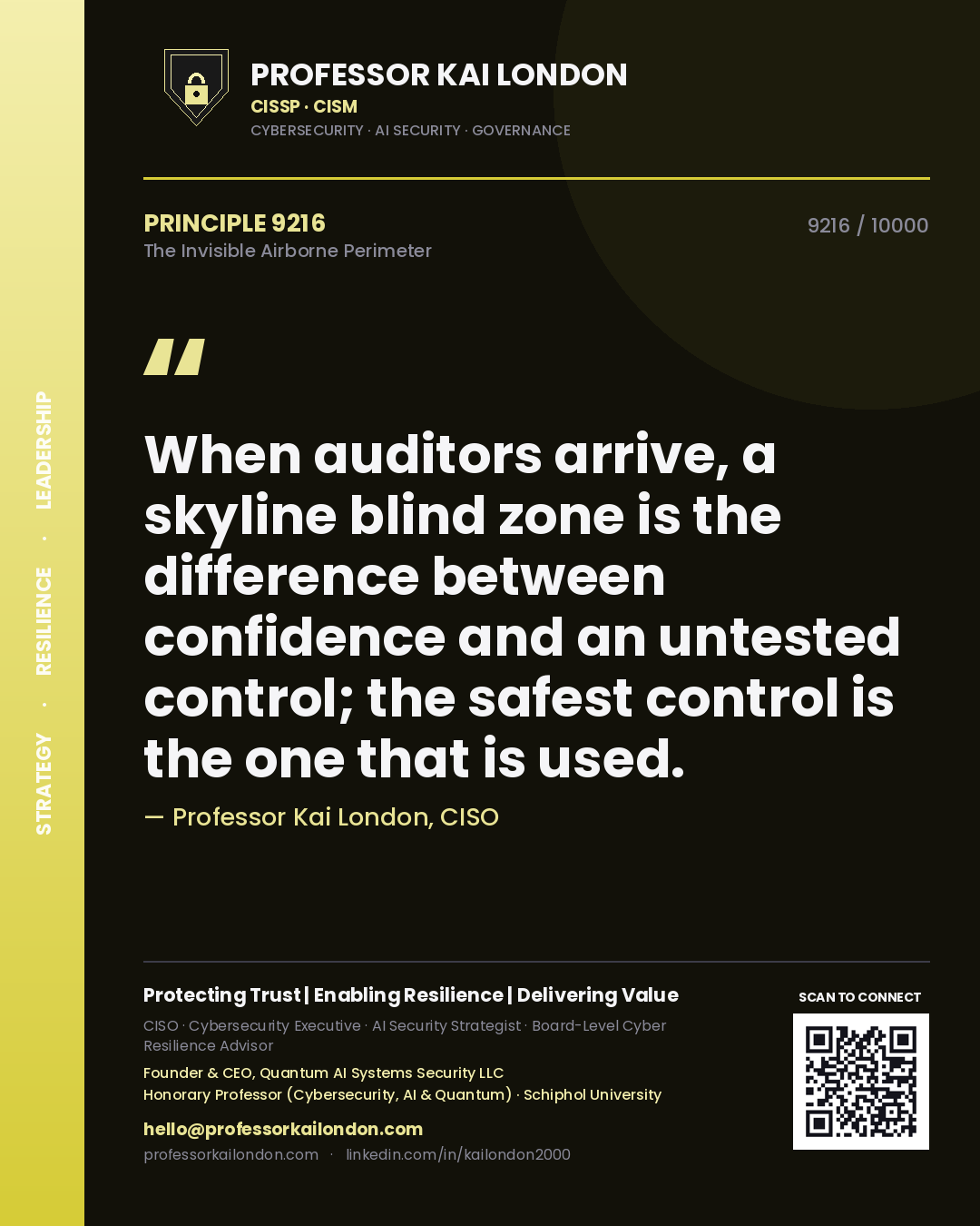 Quote card by Professor Kai London reading 'When auditors arrive, a skyline blind zone is the difference between confidence and an untested control; the safest control is the one that is used.'. From the book The Invisible Airborne Perimeter.