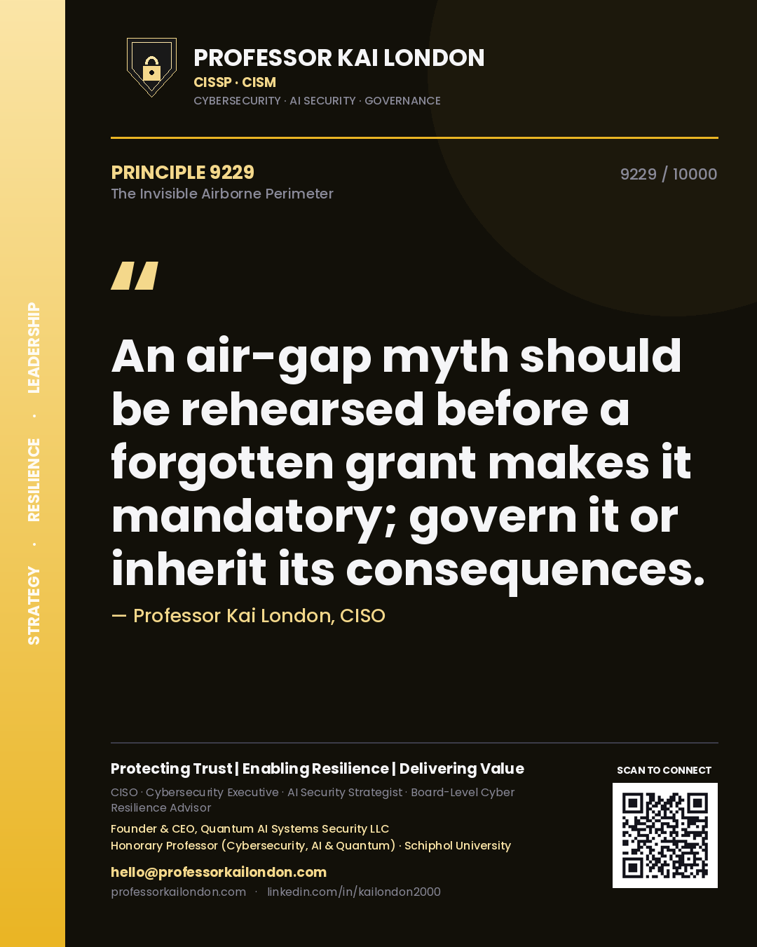 Quote card by Professor Kai London reading 'An air-gap myth should be rehearsed before a forgotten grant makes it mandatory; govern it or inherit its consequences.'. From the book The Invisible Airborne Perimeter.